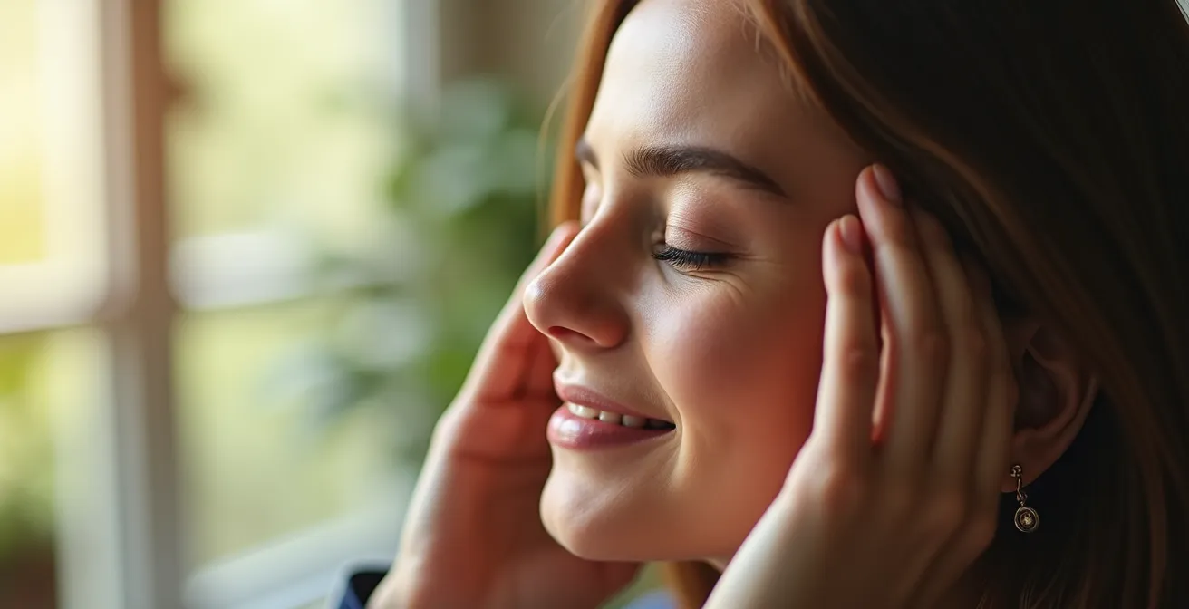 Visage serein d'une personne aux yeux fermés exprimant le soulagement