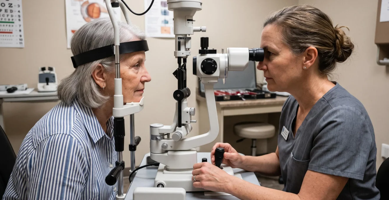 Patient lors d'un examen ophtalmologique avec un opticien utilisant une lampe à fente dans un cabinet médical