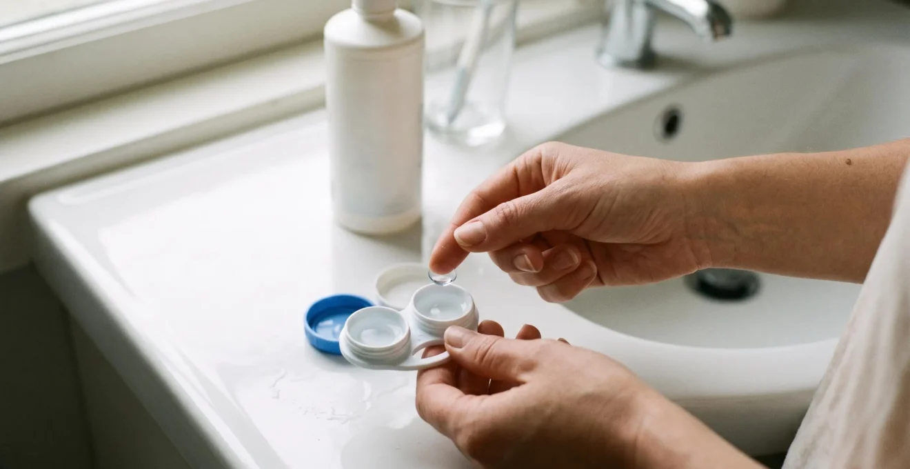 Mains plaçant une lentille de contact dans son étui avec solution d'entretien sur un comptoir de salle de bain