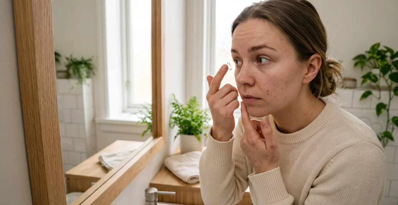 Personne plaçant délicatement une lentille de contact sur son œil avec son index dans une salle de bain éclairée naturellement