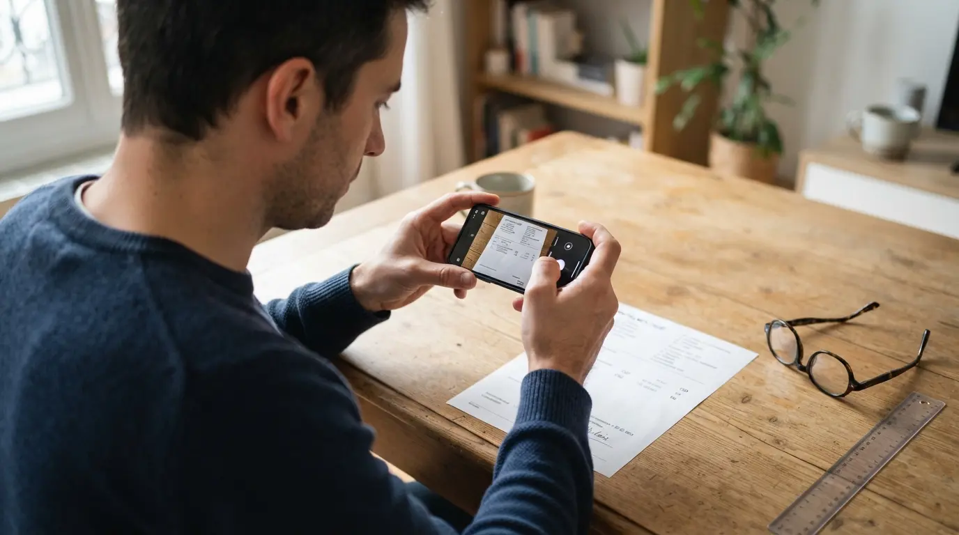 Un homme photographie son ordonnance de lunettes avec son smartphone posée sur une table, à côté d'une règle et de ses anciennes lunettes.