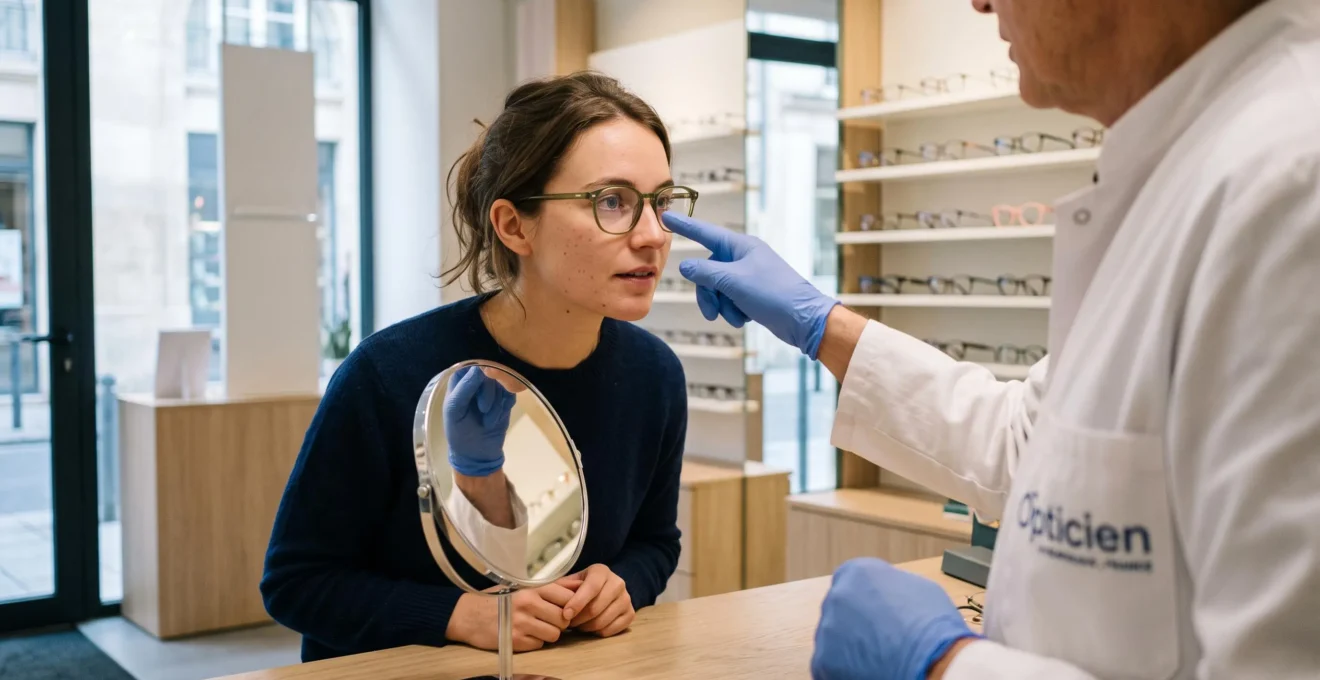 Une jeune femme essaie une monture de lunettes devant un miroir de comptoir dans une boutique d'optique, accompagnée par l'opticienne.