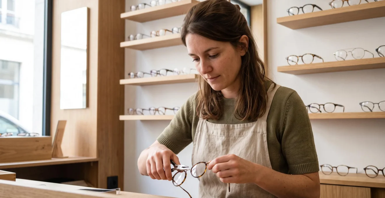Une opticienne ajuste une paire de lunettes de vue avec une pince de précision dans son atelier, devant des présentoirs de montures.