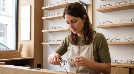 Une opticienne ajuste une paire de lunettes de vue avec une pince de précision dans son atelier, devant des présentoirs de montures.
